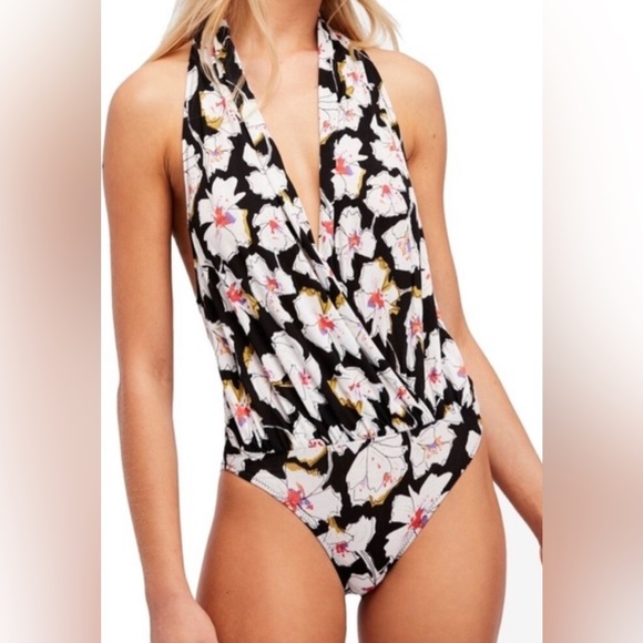 Free People | NWT Small Black Floral Sure Please Bodysuit - Picture 2 of 7